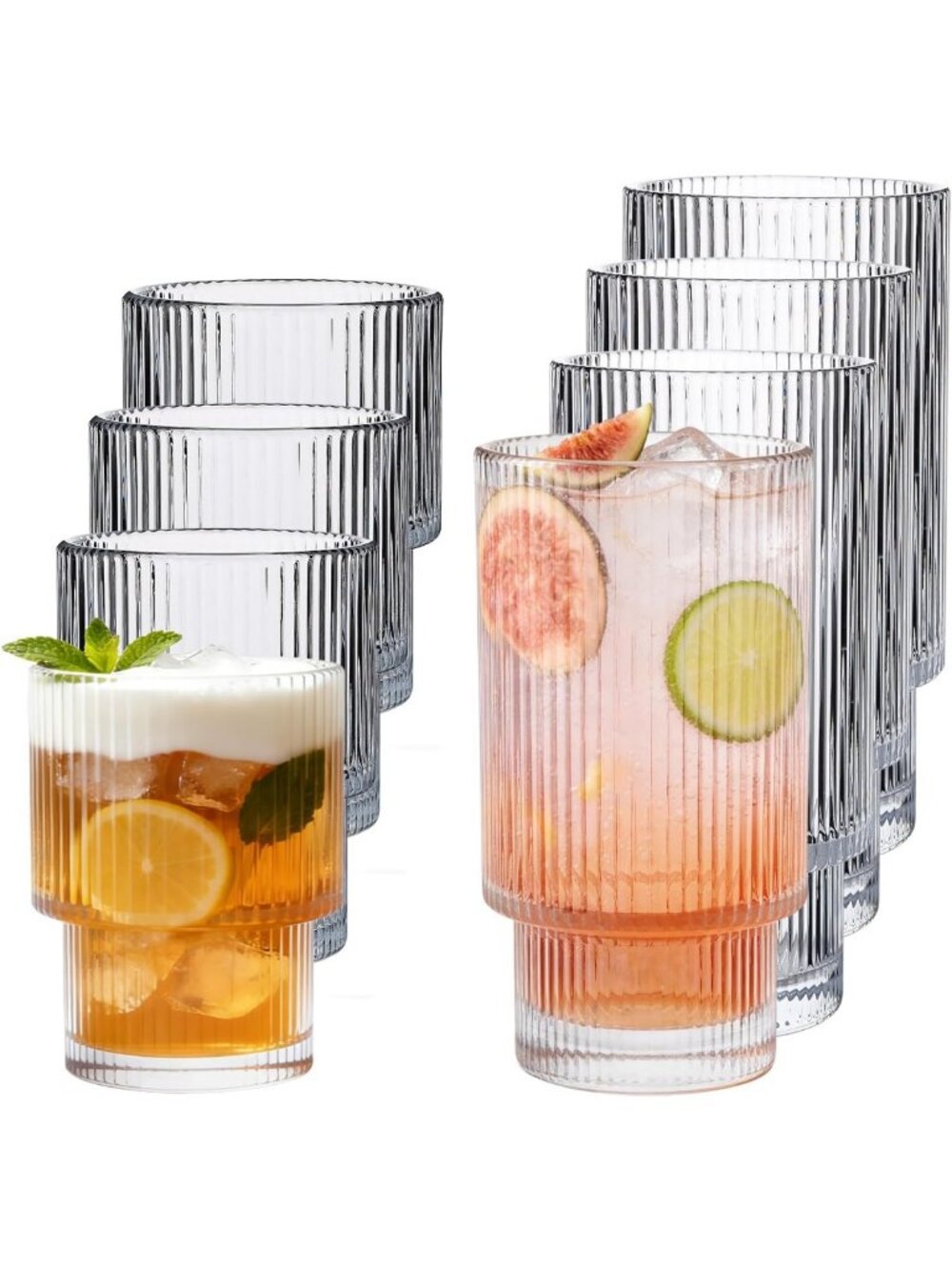 Set of 8 Ribbed Stackable Glass Cups - Fluted Drinking Glasses 16oz & 7oz